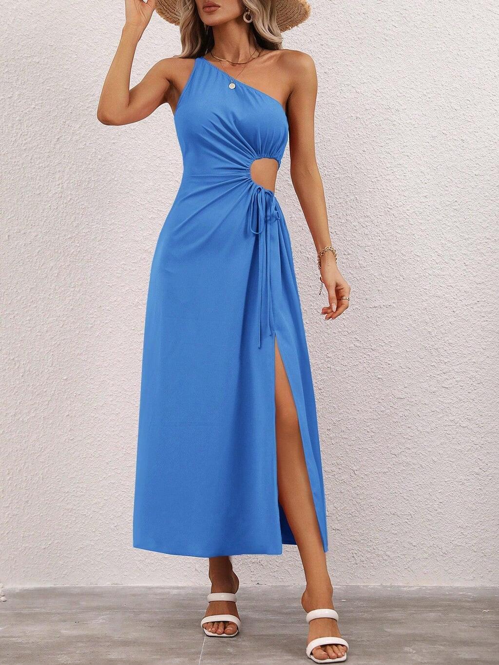 Vestido Longo Um Ombro Só com Recorte Lateral e Fenda – Elegância Moderna para Diversas Ocasiões