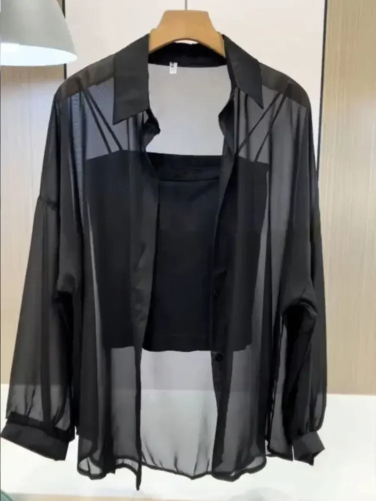 Camisa Plus Size Feminina Chiffon Transparente Manga Longa Verão