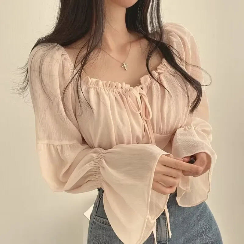 Blusa Chiffon Feminina Gola Quadrada Manga Flare Coreana