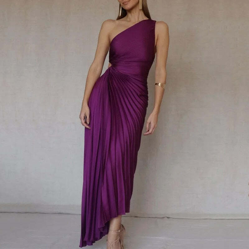 Vestido Longo Assimétrico Plissado de Um Ombro Só – Sofisticação Escultural