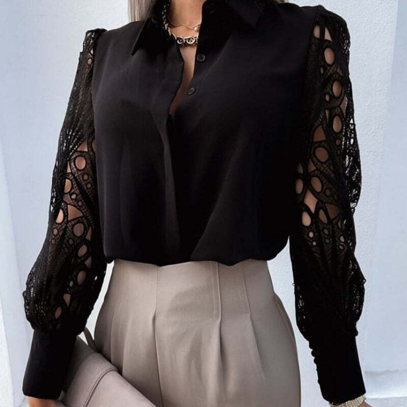 Camisa Feminina Manga Longa em Renda e Cetim – Elegância e Sofisticação