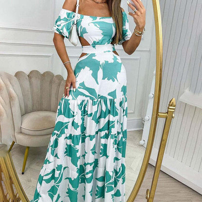 Vestido Longo Ombro a Ombro com Recortes Laterais e Estampa Abstrata – Estilo e Frescor para o Verão