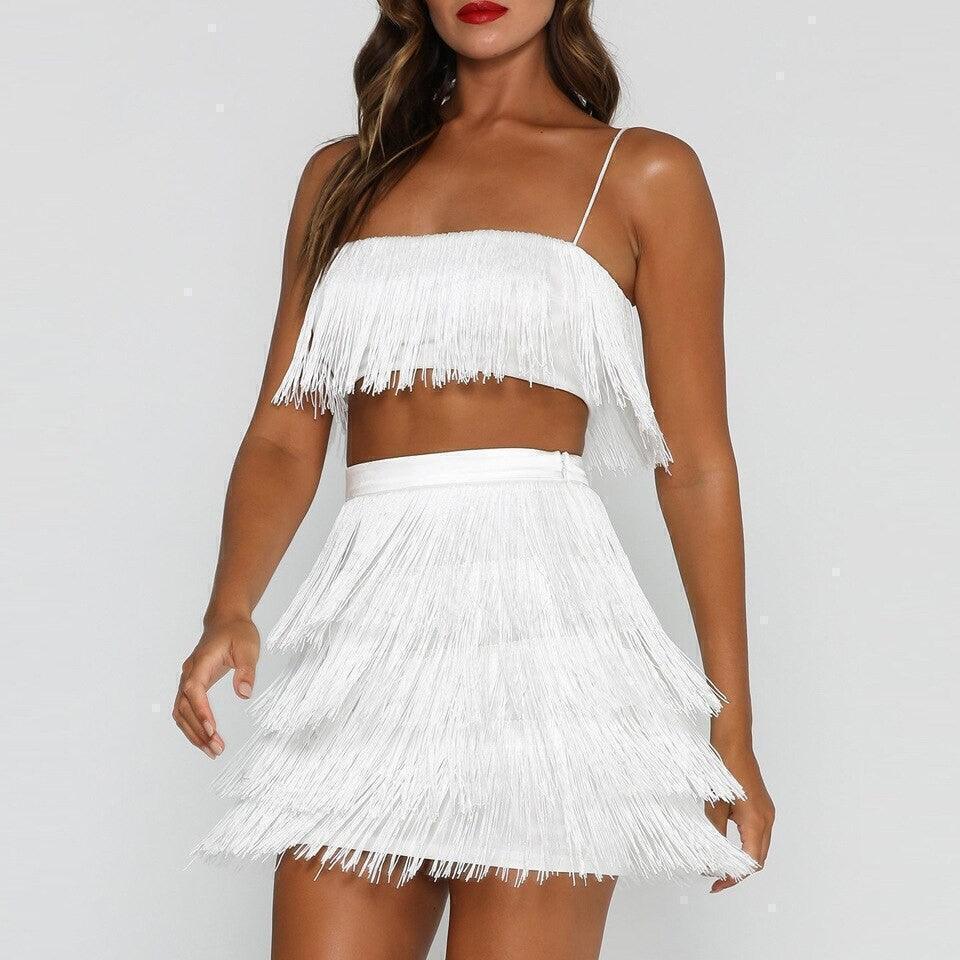 Conjunto Feminino com Franjas – Top Cropped e Saia Curta para Festas e Eventos