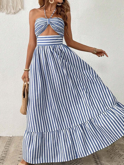 Vestido Longo Listrado com Recorte Frontal e Amarração – Estilo e Frescor para o Verão