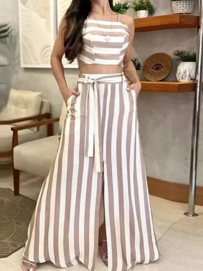 Conjunto Feminino Listrado com Top Cropped e Calça Pantalona – Estilo e Conforto em um Só Look