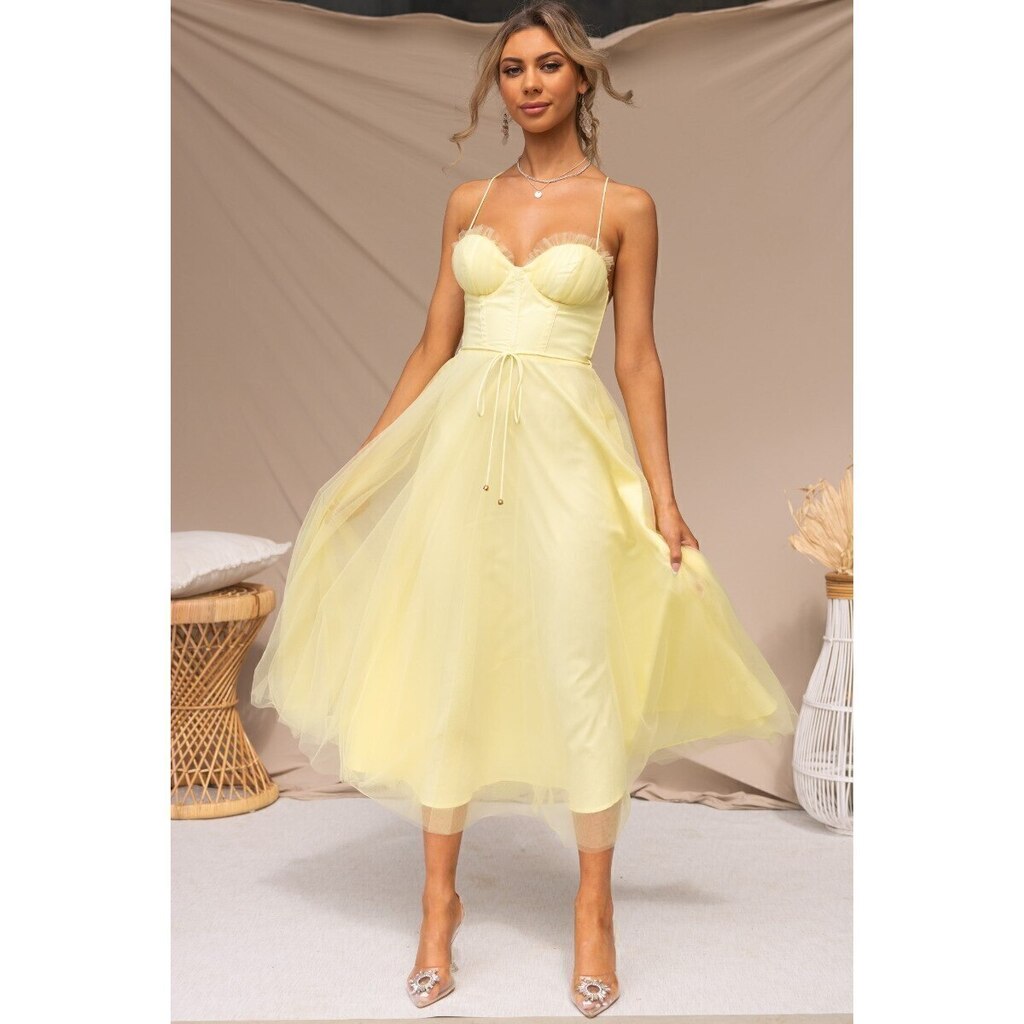 Vestido Midi de Tule com Corpete Estruturado e Alças Finas – Estilo Romântico e Sofisticado