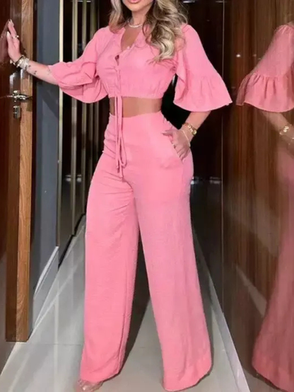 Conjunto Feminino Rosa Cropped e Calça Pantalona – Elegância e Conforto