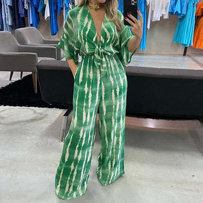 Macacão Feminino Longo Estampado Verde com Amarração Frontal – Conforto e Estilo em uma Peça Única