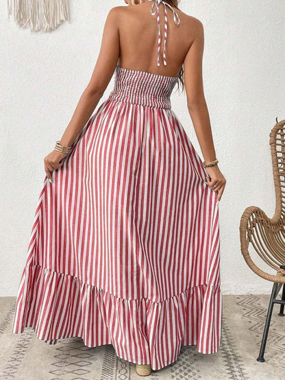 Vestido Longo Listrado com Recorte Frontal e Amarração – Estilo e Frescor para o Verão