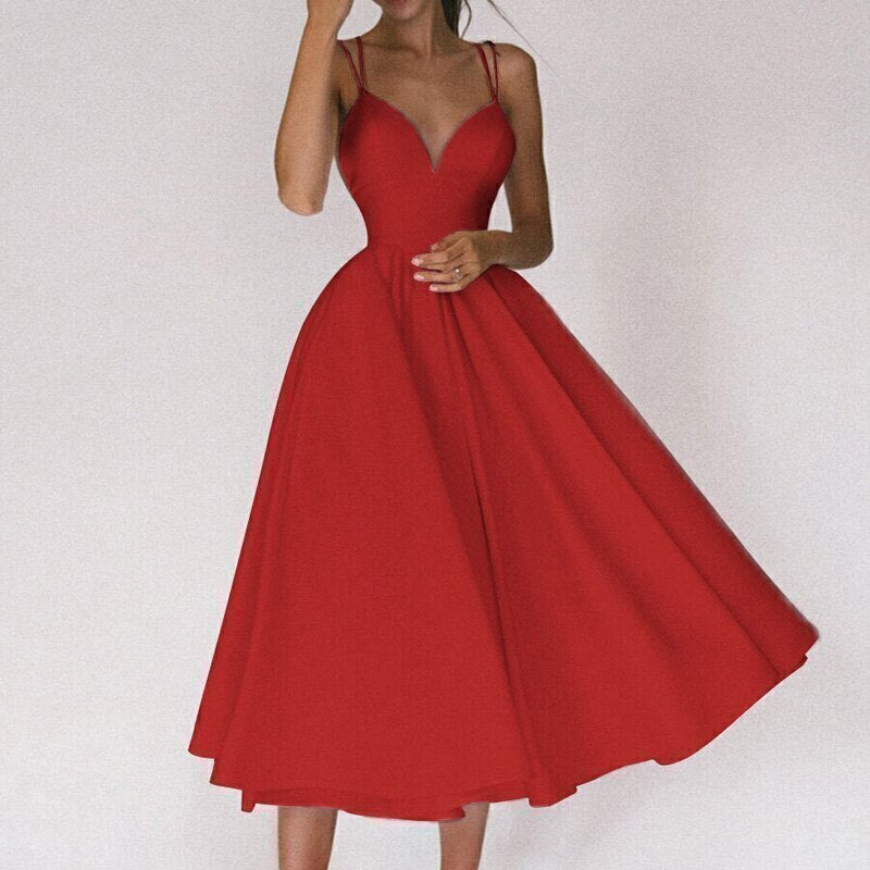 Vestido Longo de Alças Finas com Decote Profundo e Saia Rodada – Elegância e Sofisticação para Momentos Únicos