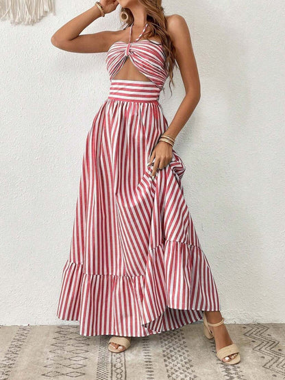Vestido Longo Listrado com Recorte Frontal e Amarração – Estilo e Frescor para o Verão