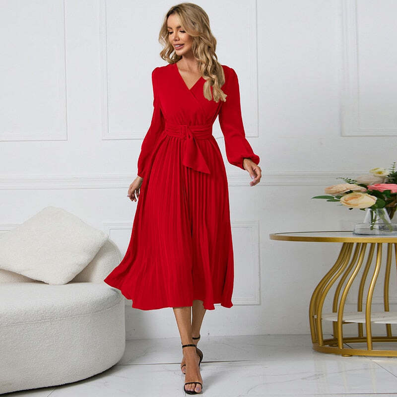 Vestido Midi Plissado com Manga Longa e Cinto Faixa – Elegância Atemporal para Todas as Ocasiões