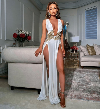Vestido Longo com Fenda Alta e Decote Profundo – Elegância e Sensualidade para Eventos de Luxo