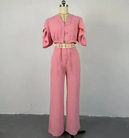 Conjunto Feminino Rosa Cropped e Calça Pantalona – Elegância e Conforto