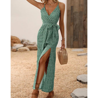 Vestido Longo Fenda Frontal com Estampa Poá – Elegância e Frescor para o Verão