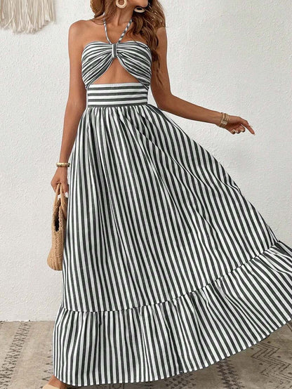 Vestido Longo Listrado com Recorte Frontal e Amarração – Estilo e Frescor para o Verão