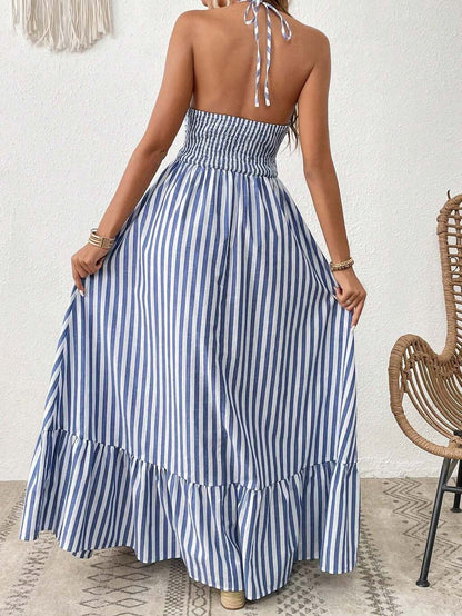 Vestido Longo Listrado com Recorte Frontal e Amarração – Estilo e Frescor para o Verão