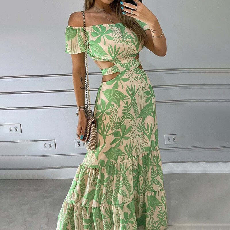 Vestido Longo Ombro a Ombro com Recortes Laterais e Estampa Abstrata – Estilo e Frescor para o Verão