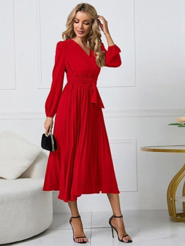 Vestido Midi Plissado com Manga Longa e Cinto Faixa – Elegância Atemporal para Todas as Ocasiões