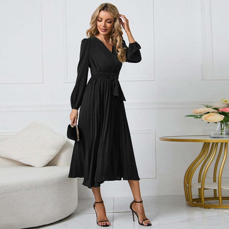 Vestido Midi Plissado com Manga Longa e Cinto Faixa – Elegância Atemporal para Todas as Ocasiões