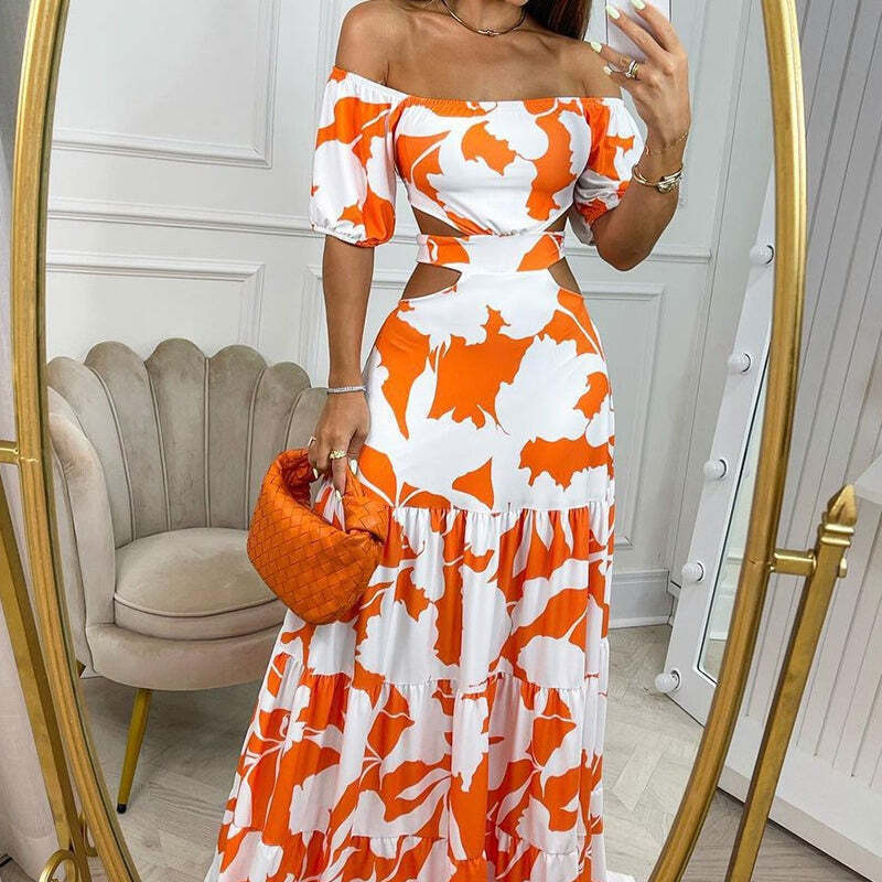 Vestido Longo Ombro a Ombro com Recortes Laterais e Estampa Abstrata – Estilo e Frescor para o Verão