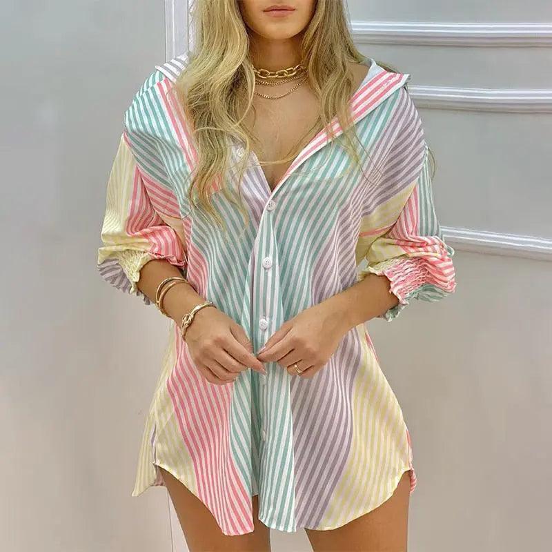 Camisa Alongada Listrada em Tons Suaves – Conforto e Estilo Casual Chic