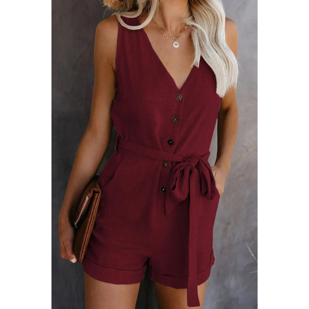 Macaquinho Feminino Cinza Sem Manga com Botões e Cinto Faixa – Conforto e Estilo Casual-Chic
