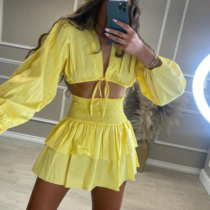 Conjunto Feminino com Manga Longa Bufante e Saia em Camadas – Elegância e Modernidade