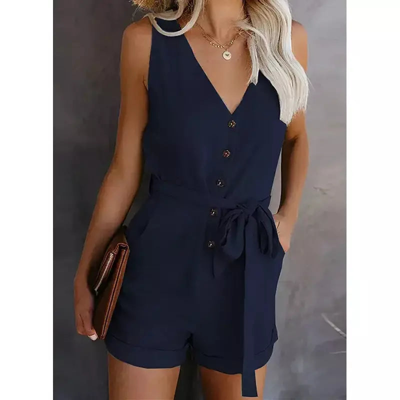 Macaquinho Feminino Cinza Sem Manga com Botões e Cinto Faixa – Conforto e Estilo Casual-Chic