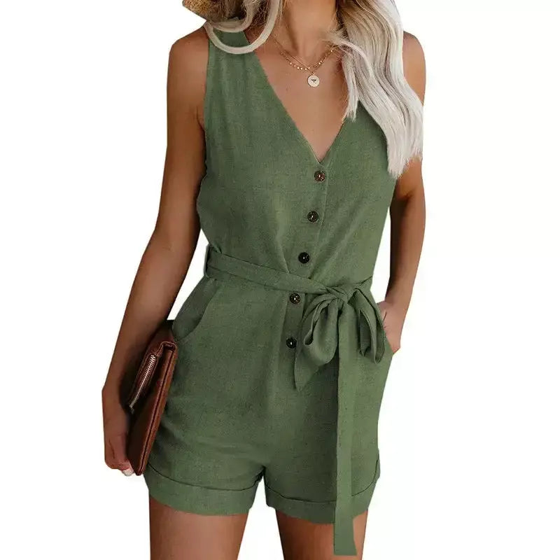 Macaquinho Feminino Cinza Sem Manga com Botões e Cinto Faixa – Conforto e Estilo Casual-Chic