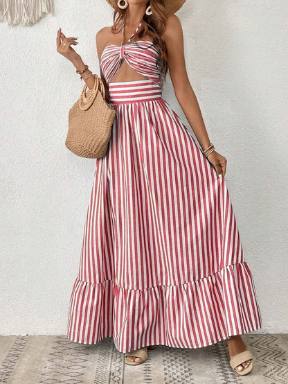 Vestido Longo Listrado com Recorte Frontal e Amarração – Estilo e Frescor para o Verão