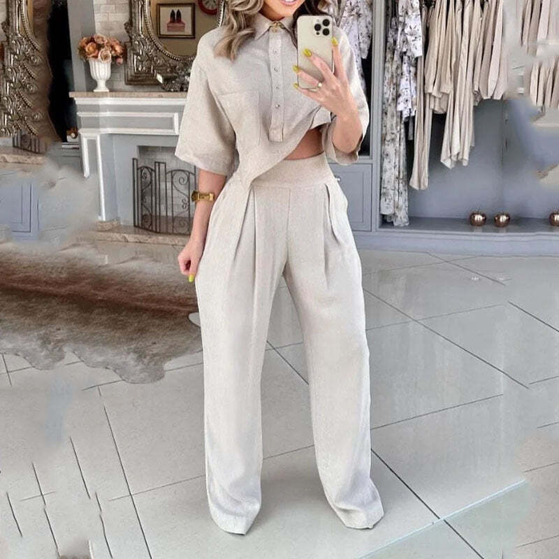 Conjunto Feminino Alfaiataria com Camisa Cropped e Calça Pantalona – Estilo e Sofisticação