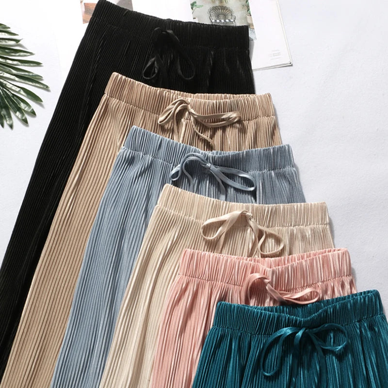 Calça Pantalona Plissada Feminina em Seda Gelada Casual