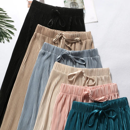 Calça Pantalona Plissada Feminina em Seda Gelada Casual