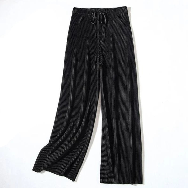 Calça Pantalona Plissada Feminina em Seda Gelada Casual