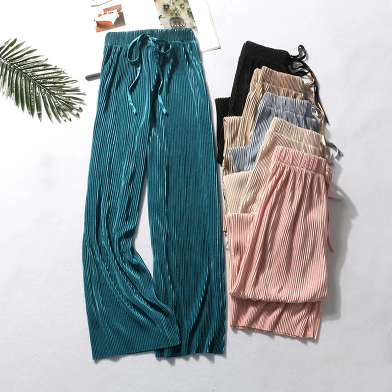 Calça Pantalona Plissada Feminina em Seda Gelada Casual