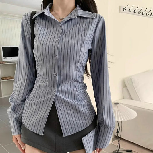 Camisa Feminina Coreana Listrada Azul Manga Longa Acinturada