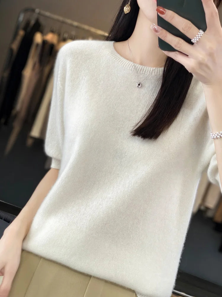 Blusa Feminina 100% Lã Merino Manga Curta Gola Redonda