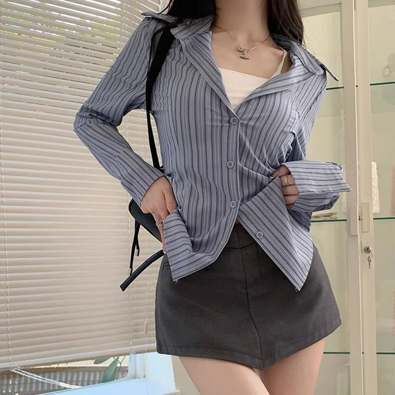 Camisa Feminina Coreana Listrada Azul Manga Longa Acinturada