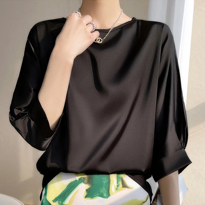 Blusa Feminina Satin Manga 3/4 Casual Elegante