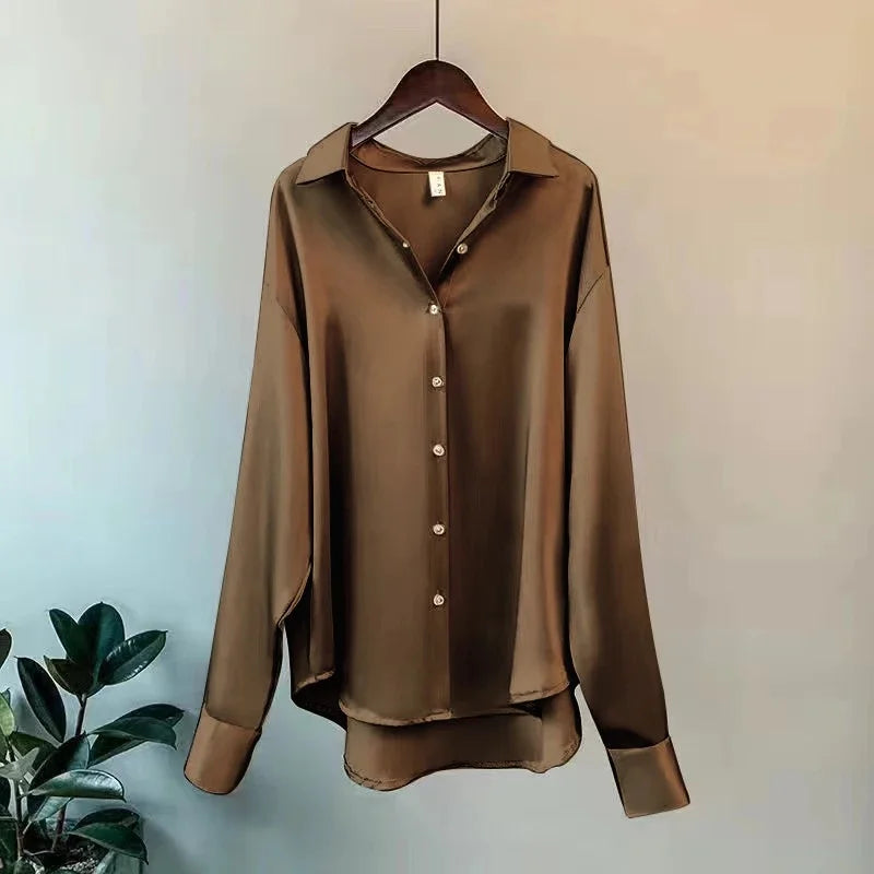 Camisa Feminina Seda Brilhante Manga Longa Casual Elegante