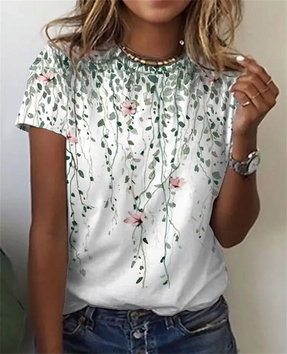 Camiseta Feminina Floral Oversized Verão Casual