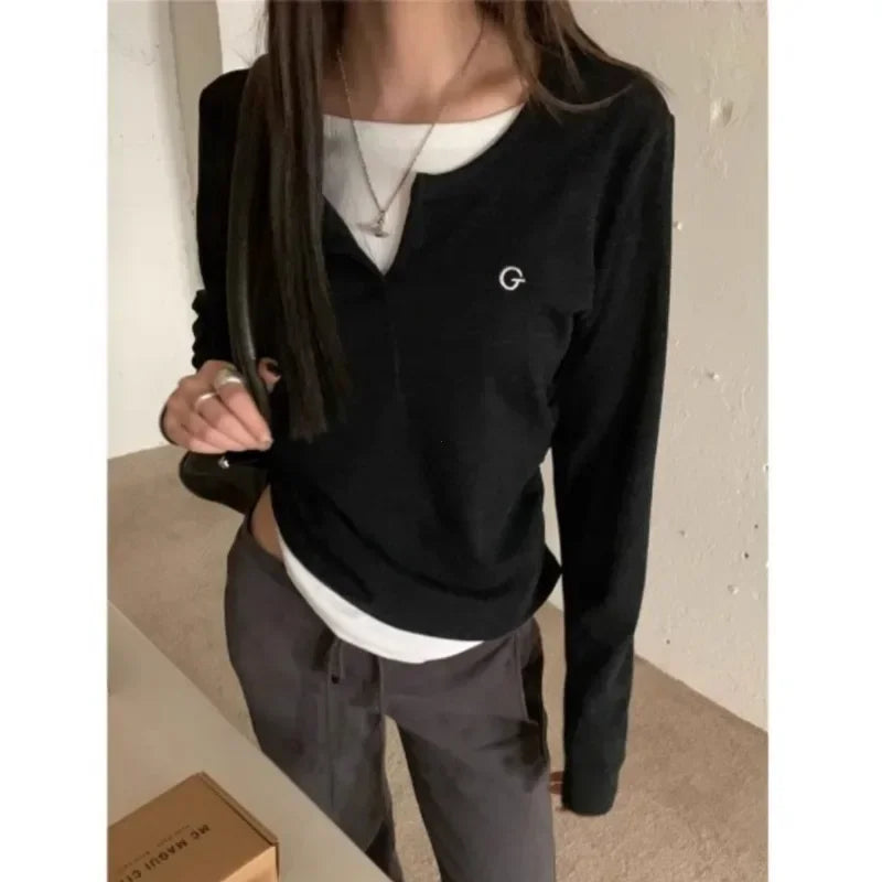 Blusa Feminina Manga Longa 2 em 1 Estilo Coreano