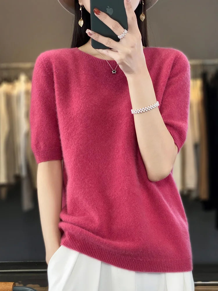 Blusa Feminina 100% Lã Merino Manga Curta Gola Redonda