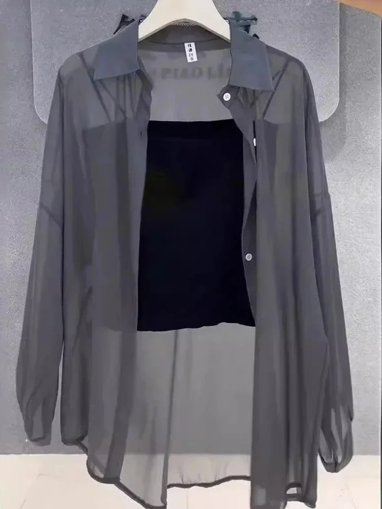 Camisa Plus Size Feminina Chiffon Transparente Manga Longa Verão