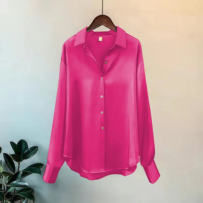 Camisa Feminina Seda Brilhante Manga Longa Casual Elegante