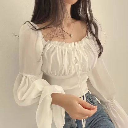 Blusa Chiffon Feminina Gola Quadrada Manga Flare Coreana