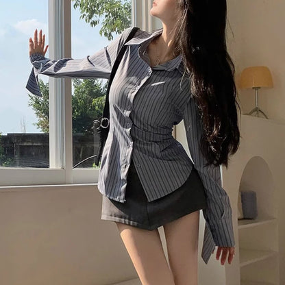 Camisa Feminina Coreana Listrada Azul Manga Longa Acinturada