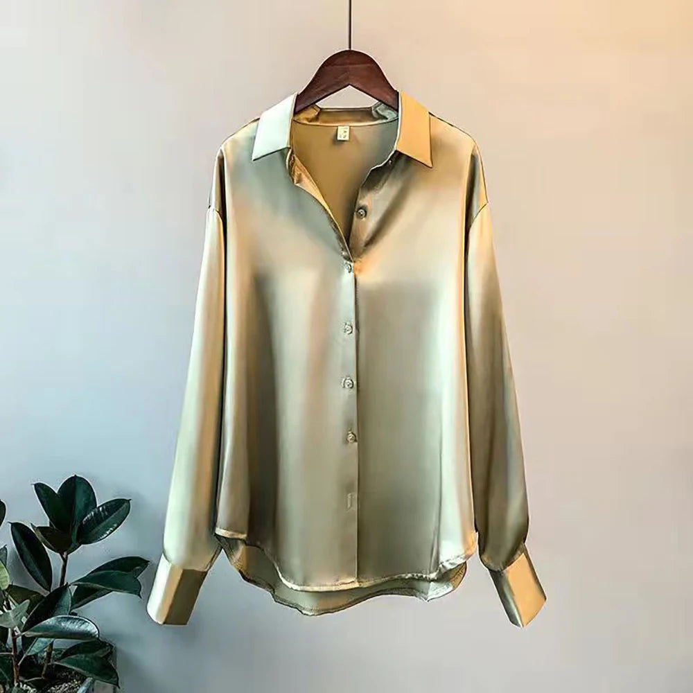 Camisa Feminina Seda Brilhante Manga Longa Casual Elegante