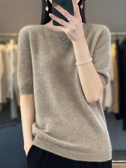 Blusa Feminina 100% Lã Merino Manga Curta Gola Redonda